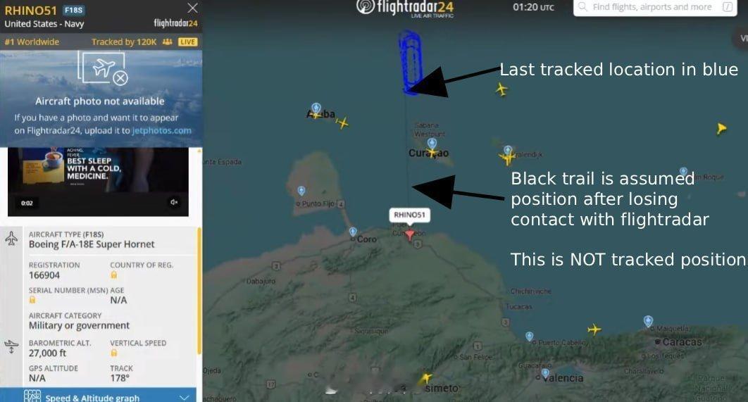 美国战斗机可能已进入委内瑞拉，根据飞行路线来看，其雷达应答器已被切断。目前有超过