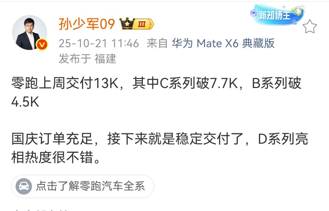 孙少军：零跑上周交付1.3万台！
C系列突破7700， B系列突破4400，刚发