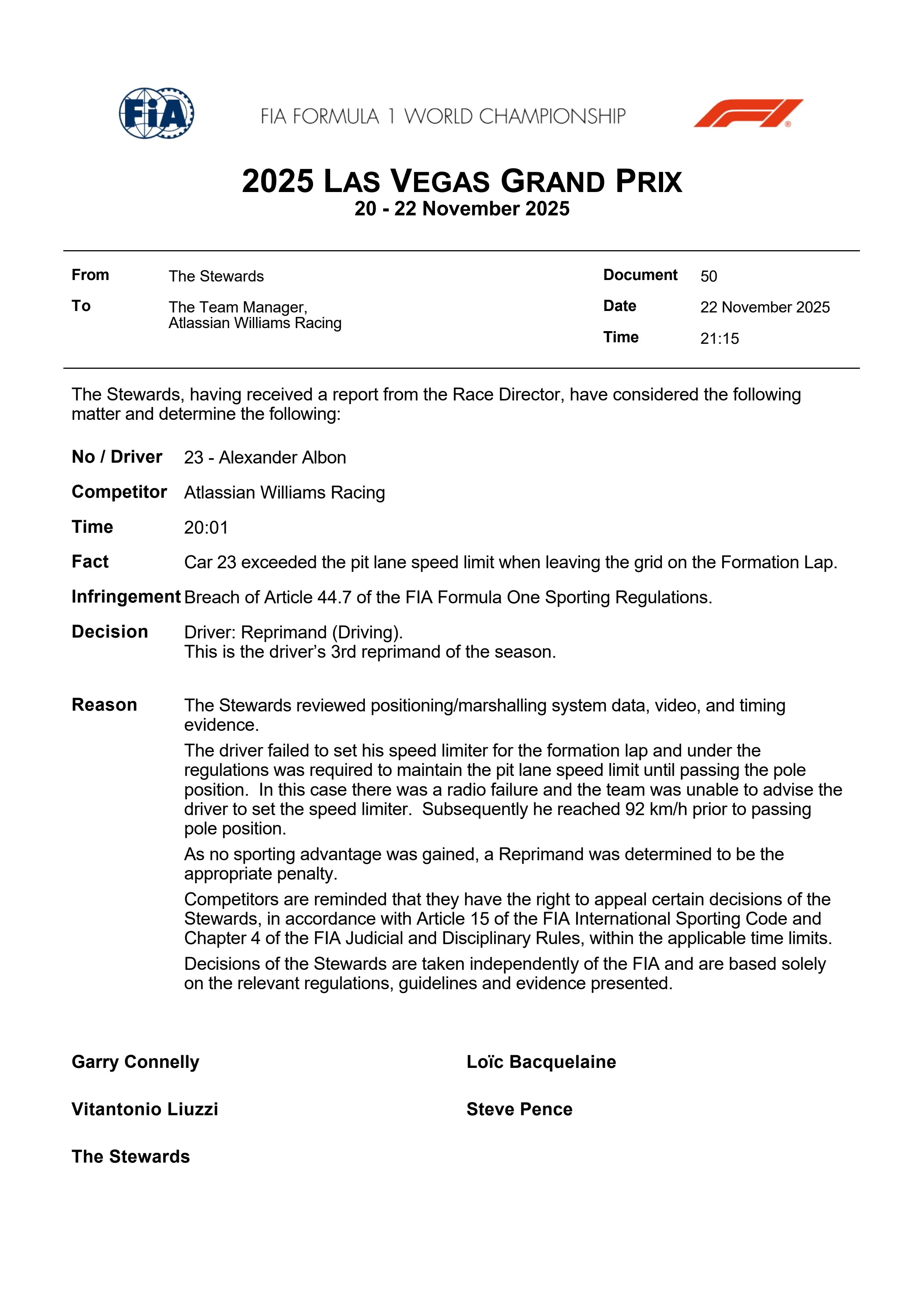 阿尔本的发车程序违规，在正赛中受到一次训诫，背后的原因⬇️车手未能在暖胎圈启用维