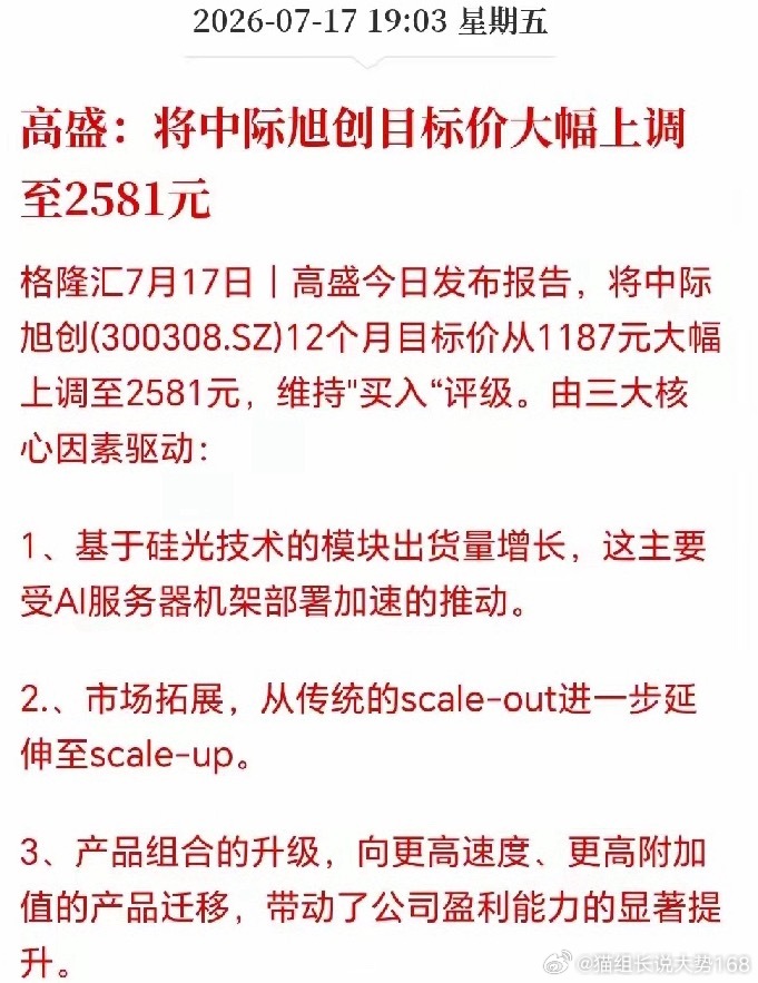 高盛上调中际旭创目标价，CPO赛道再获行业信心支撑7月17日，高盛发布最新研报，