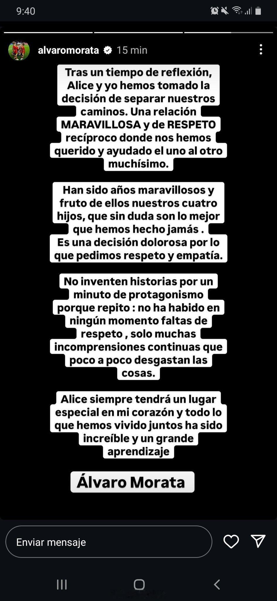 莫拉塔宣布与爱丽丝・坎佩洛分居，而且已经删掉了夫妻的备注标签。 他表示媒体别编，
