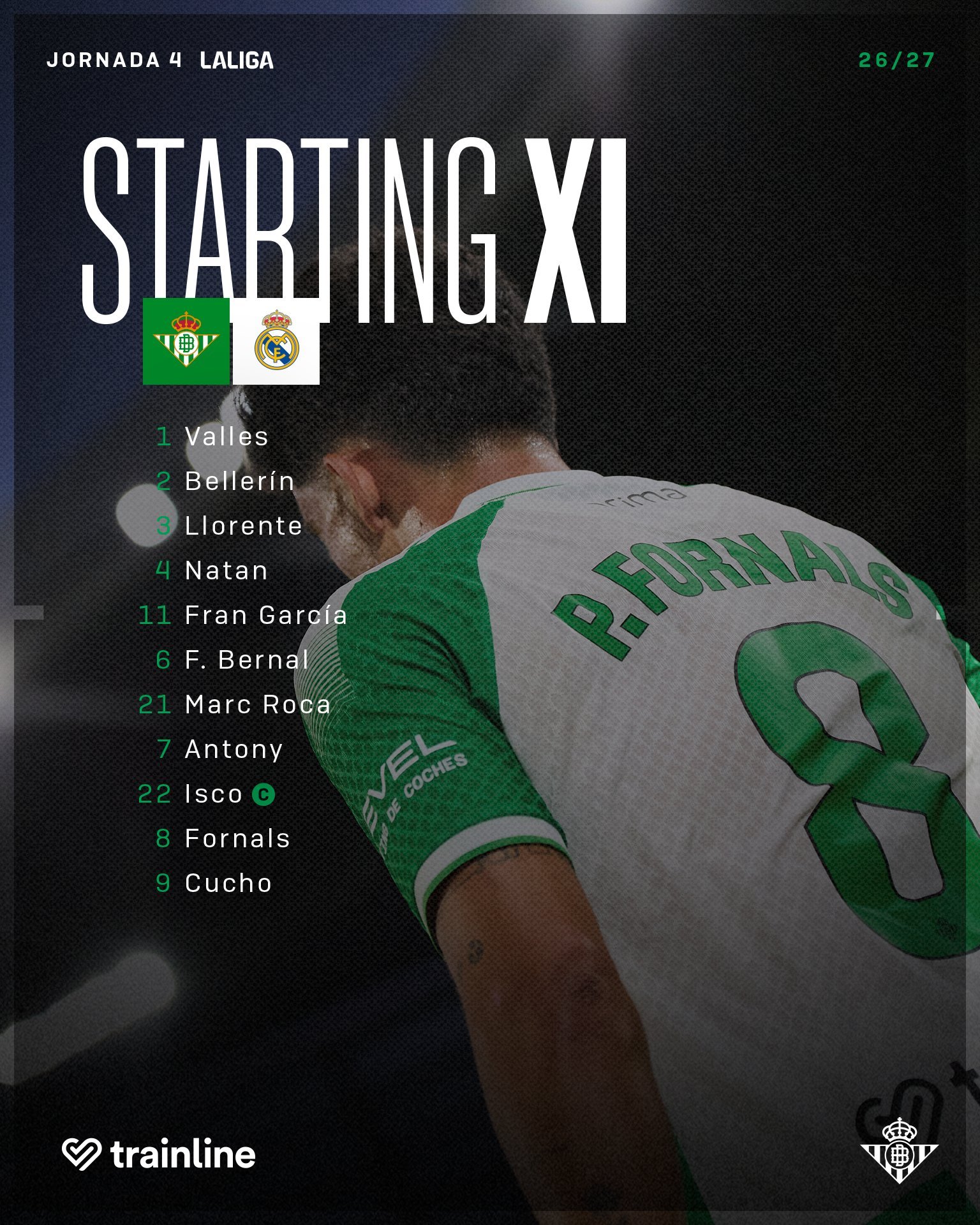 贝蒂斯首发，弗兰加西亚和伊斯科首发。halamadrid ​​​