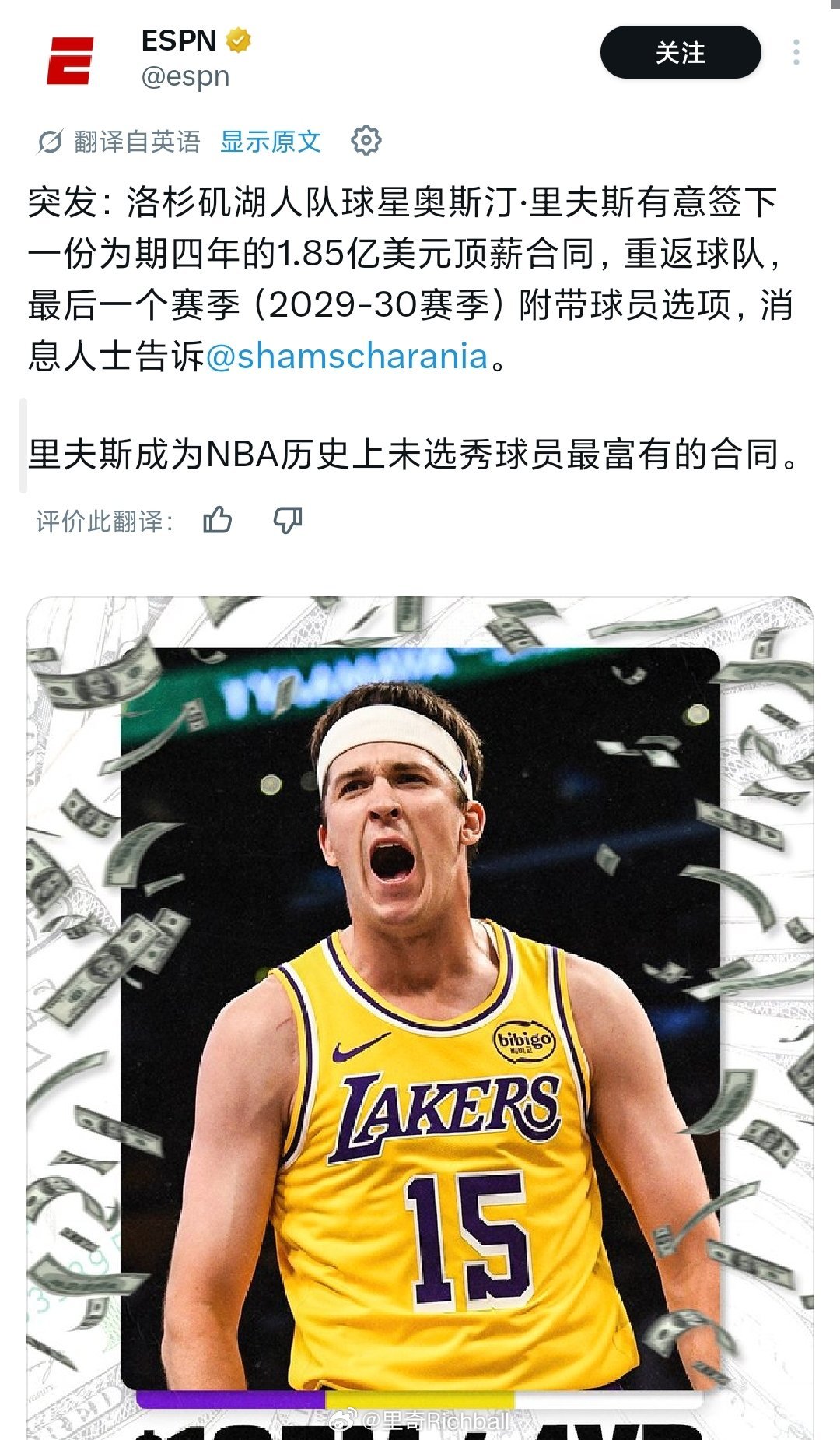 湖人4年1.85亿顶薪续约里夫斯，小里成了NBA历史上最富有的落选秀球员。想知道