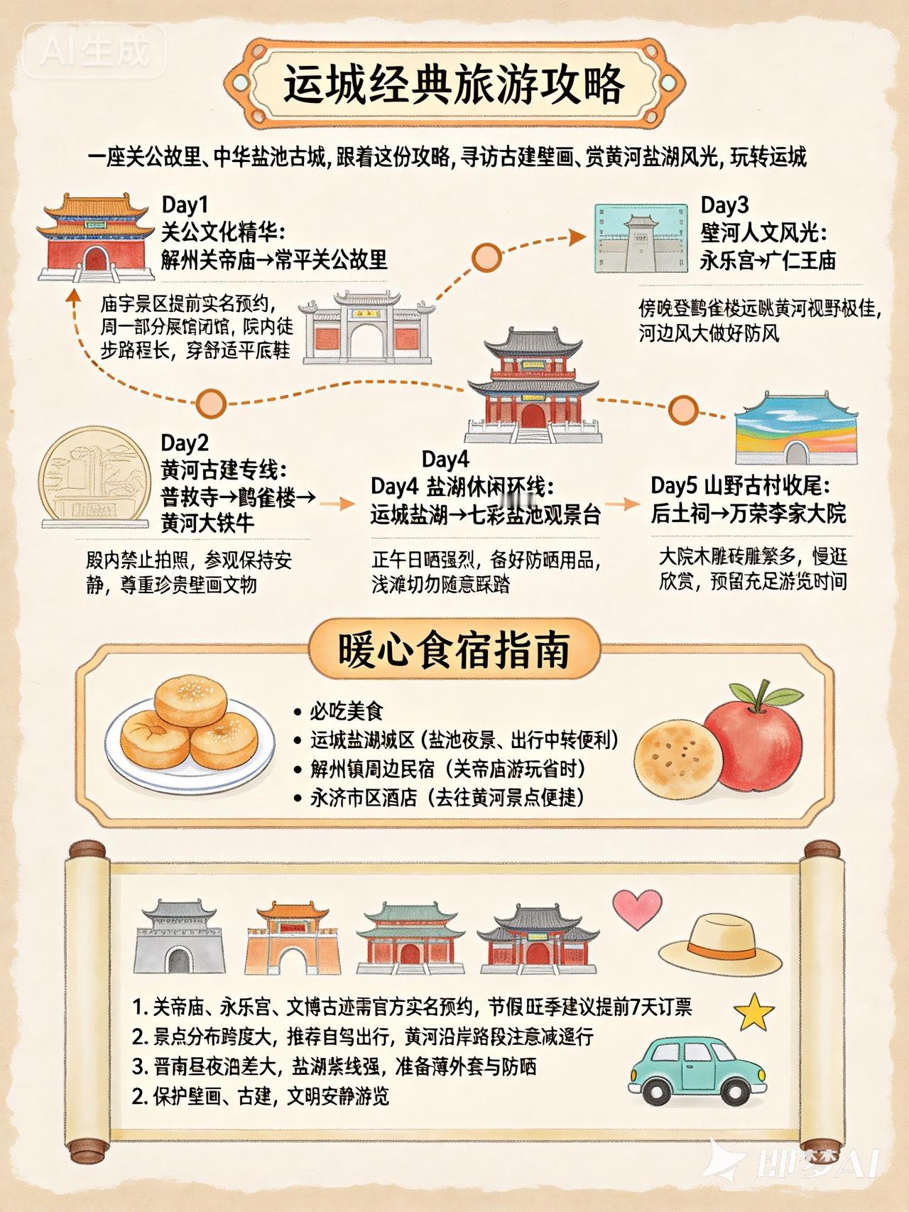 运城经典旅游攻略信息图：

Day1 关公文化精华：解州关帝庙→常平关公故里，配