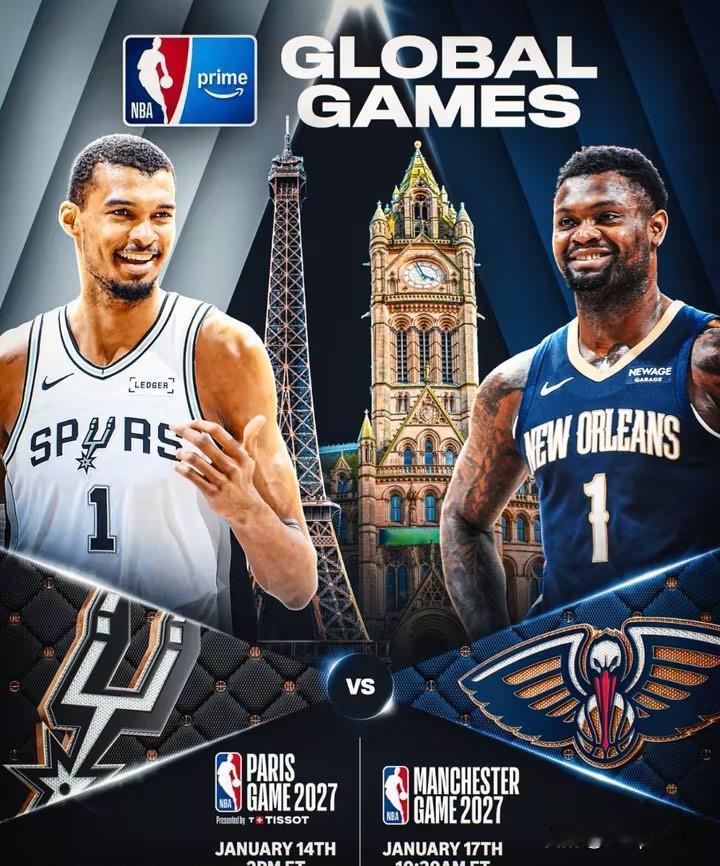 NBA官方宣布，马刺与鹈鹕将出战新赛季NBA全球赛。

马刺与鹈鹕将于2027年