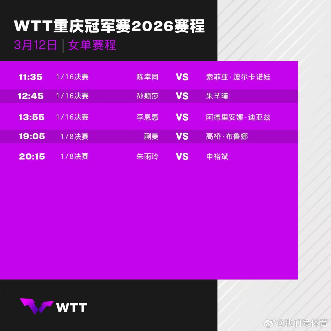 wtt重庆冠军赛2026 3月12日赛程。中国乒乓球梦之队