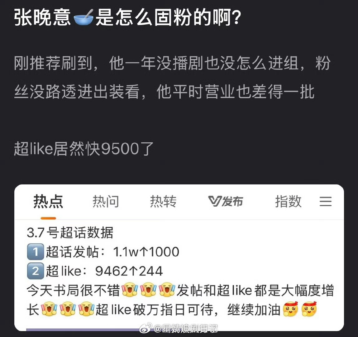 张晚意是怎么固粉的？一年没播剧也没怎么进组，平时营业也很差，超like居然还很高