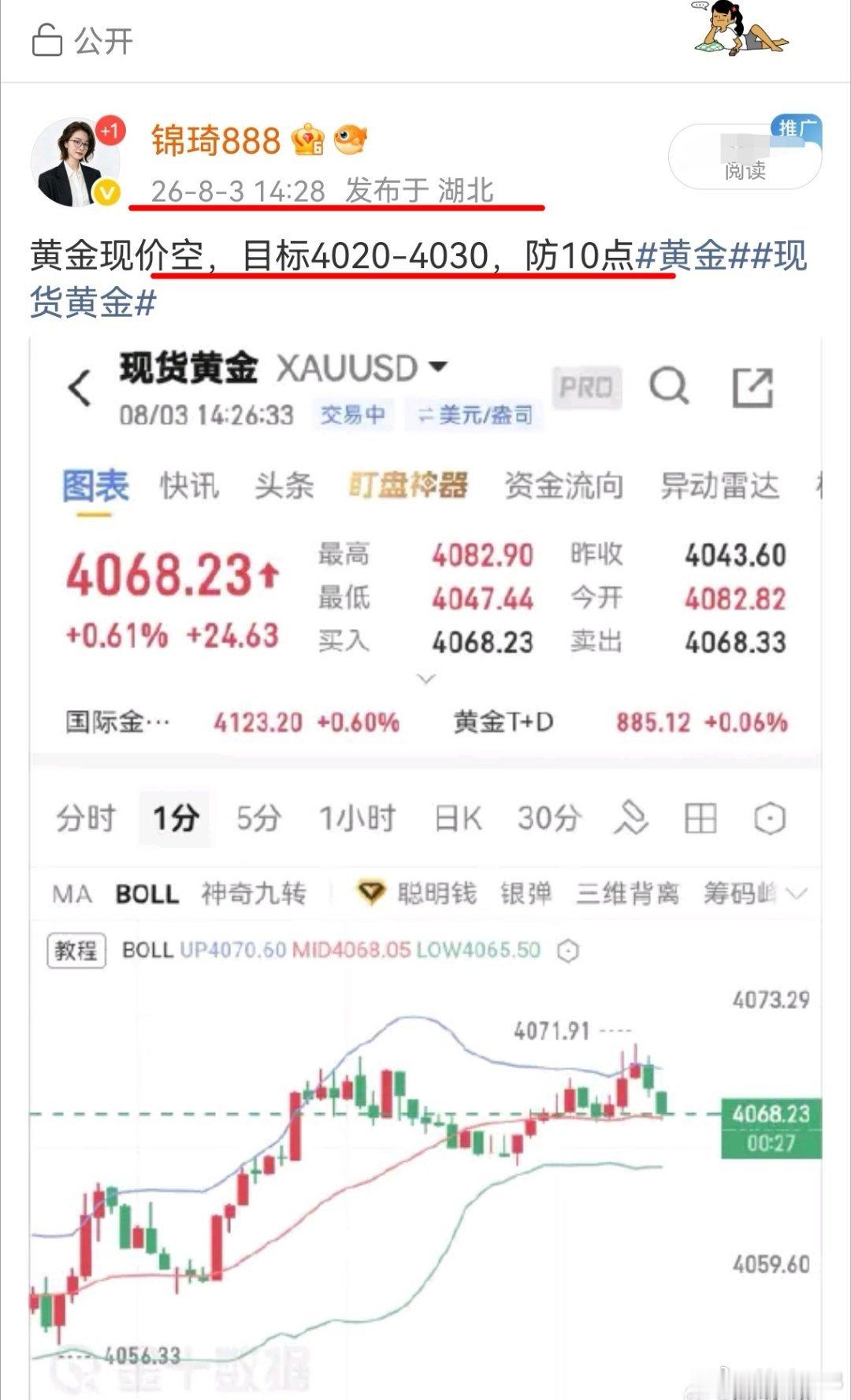 现价单4068空到4052，走出16个碘黄金现货黄金