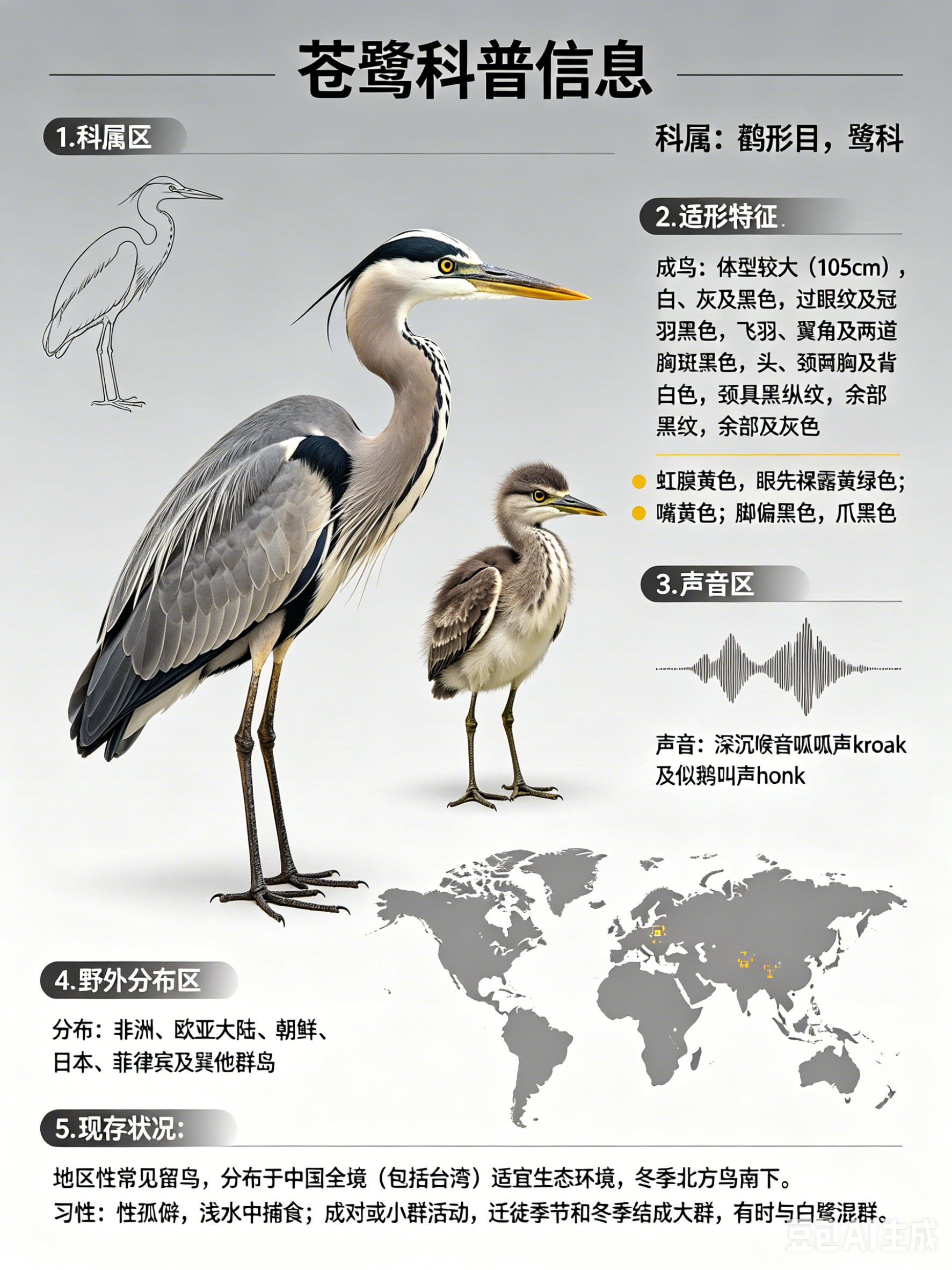 鸟类朋友图鉴 苍鹭·科属：鹳形目，鹭科。·外形特征：体型较大（105cm）的白、