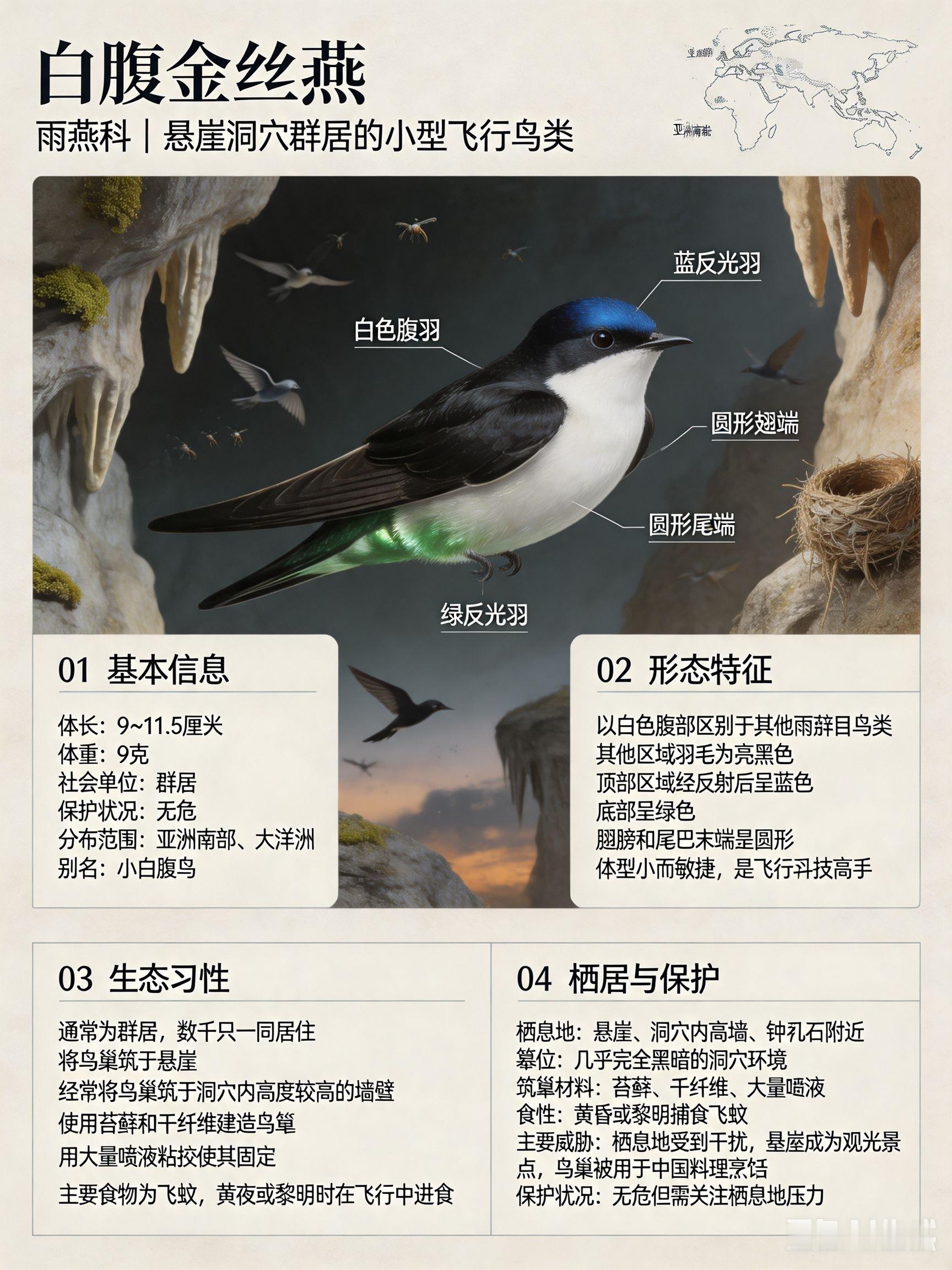 鸟类朋友图鉴 白腹金丝燕体长：9~11.5 厘米体重：9 克社会单位：群居保护状