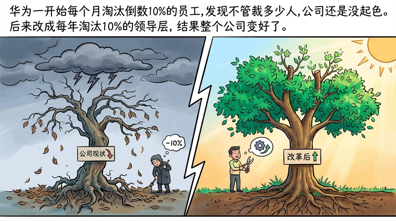 华为一开始每个月淘汰倒数10%的员工，发现不管裁多少人，公司还是没起色。后来改成