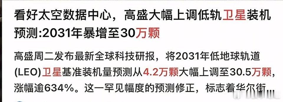 高盛直接把2031年全球在轨卫星从4.2万颗调整到35万颗，增长了接近10倍。原