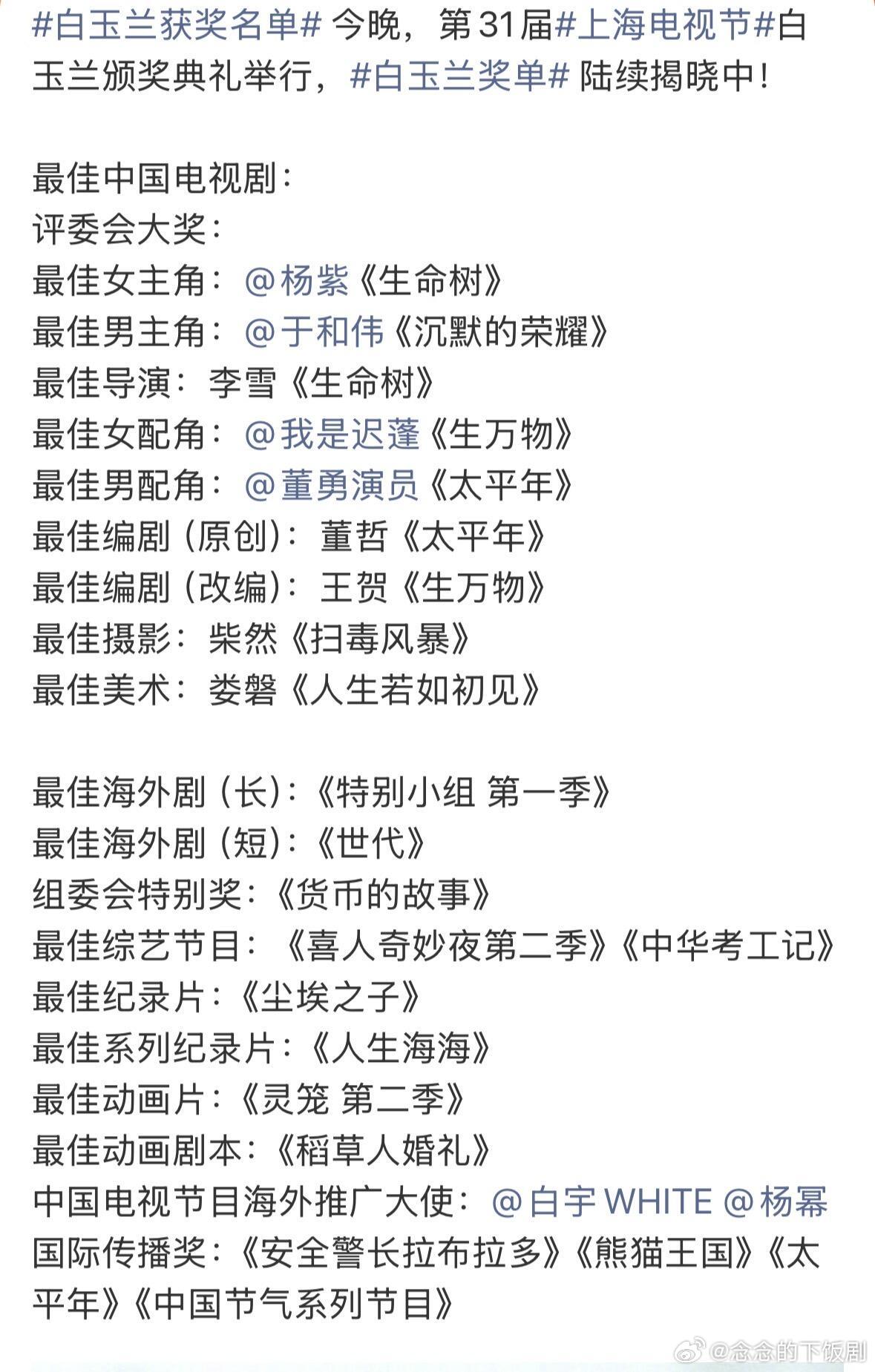 白玉兰所有获奖名单恭喜🎉！每个人都实至名归白玉兰奖‖ 
