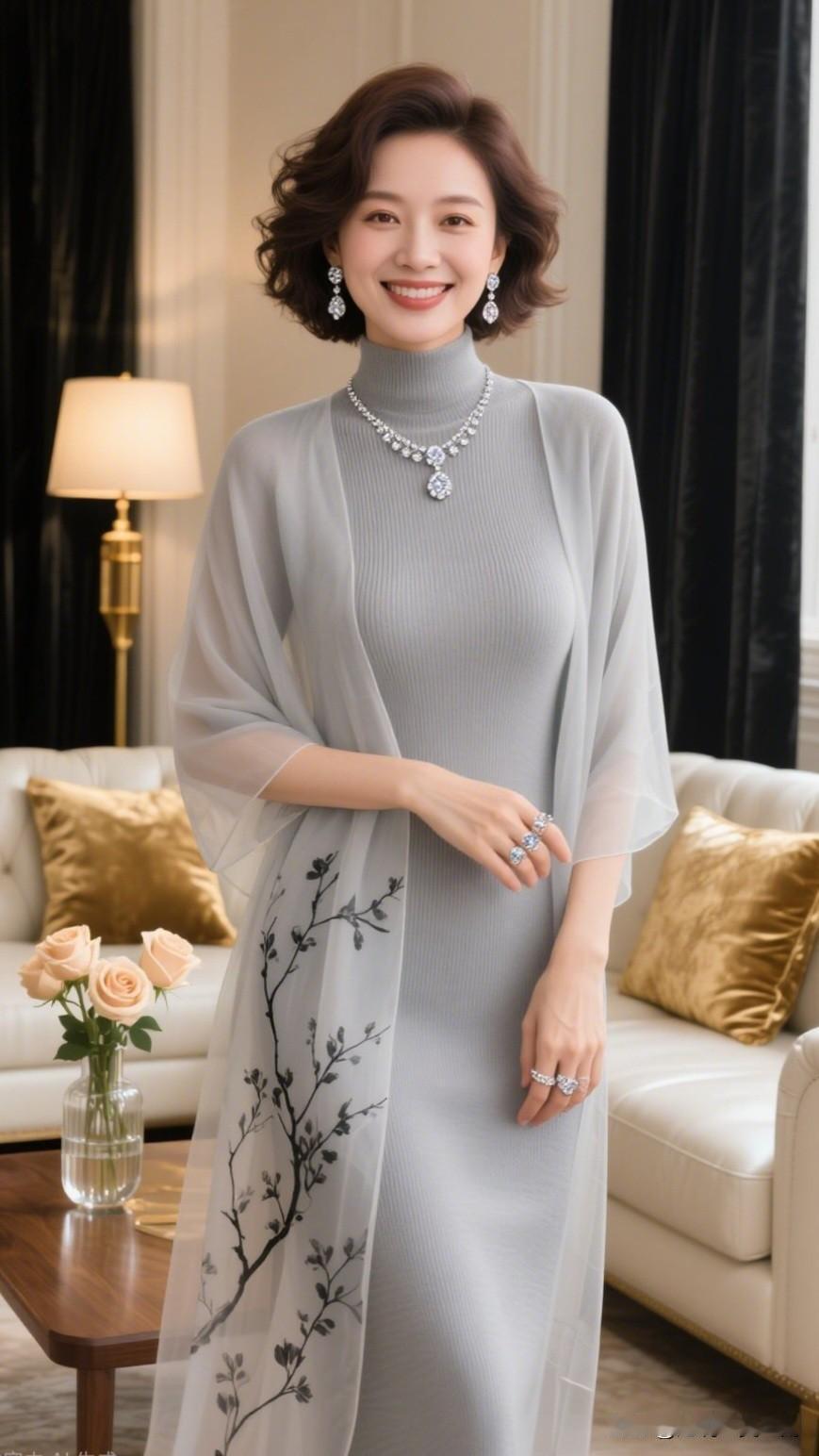 优雅气质穿搭，灰色连衣裙搭配珠宝，尽显女性魅力！40-50岁穿什么潮牌显得低调