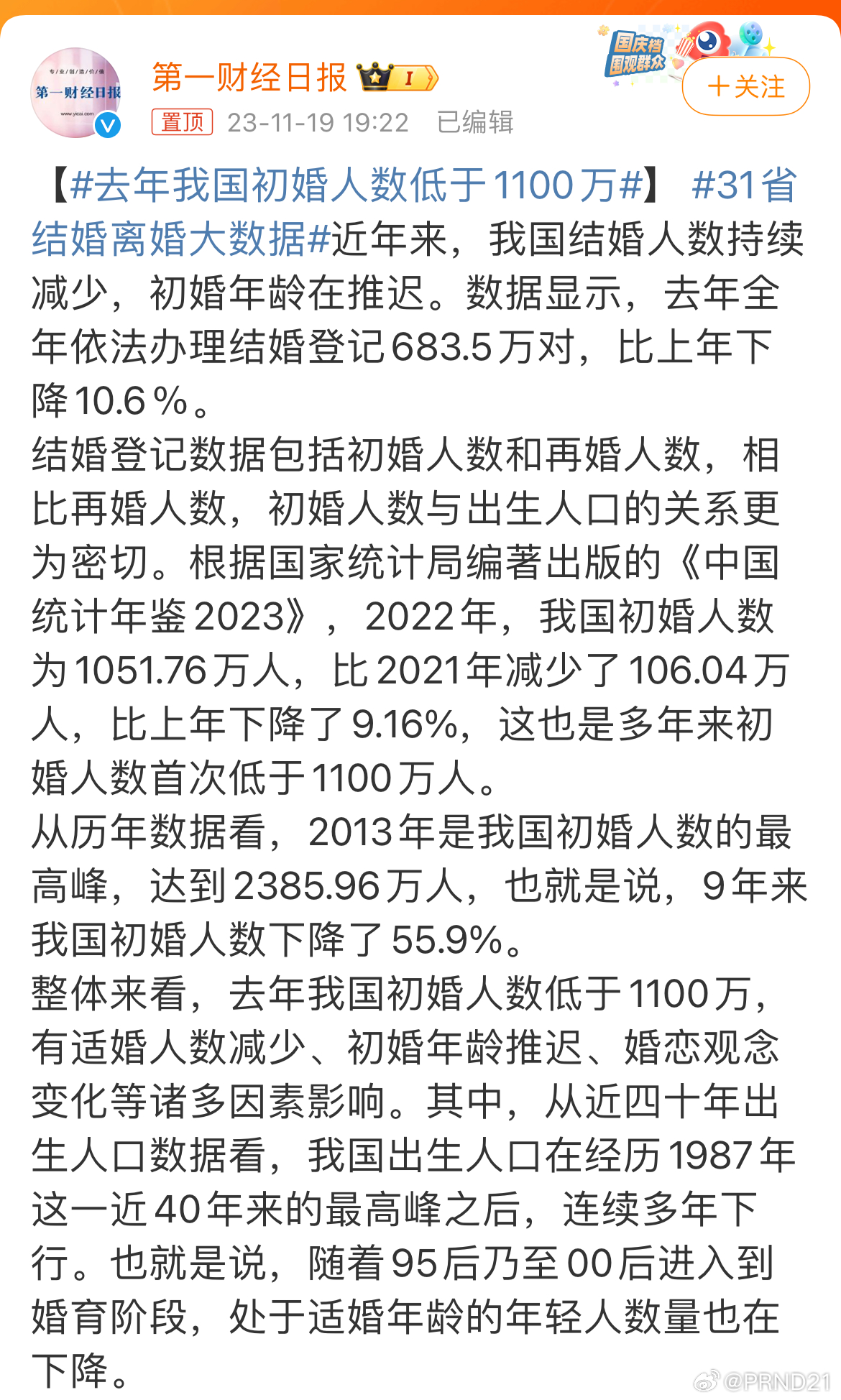 #去年我国初婚人数低于1100万# 只下降了10.6%？那说明大家还是很乐观的嘛