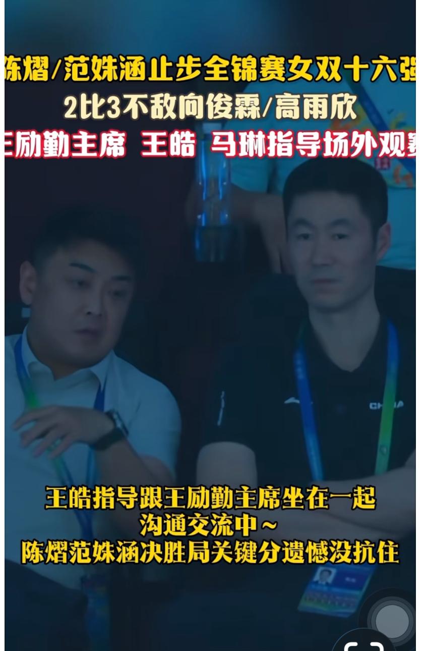 王励勤主席与王皓、马琳来到全锦赛的看台上给运动员们带来士气！
7月17日长沙全锦