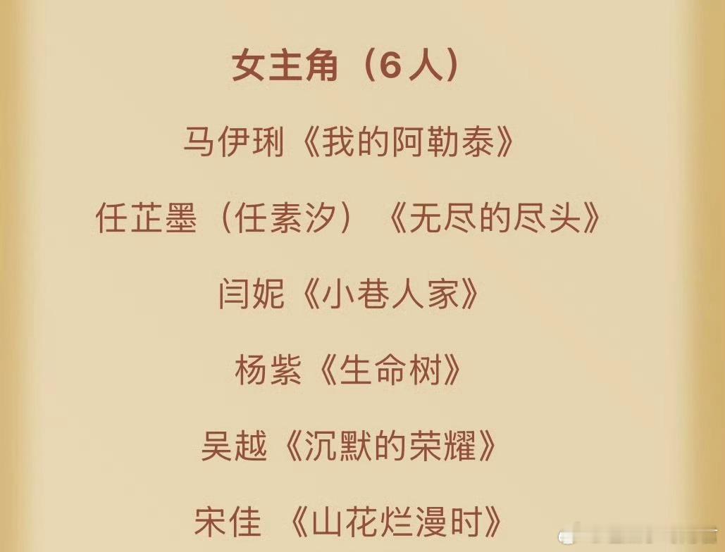 金鹰奖提名名单金鹰奖最佳女主角提名：入围名单：《我的阿勒泰》、《无尽的尽头》、《