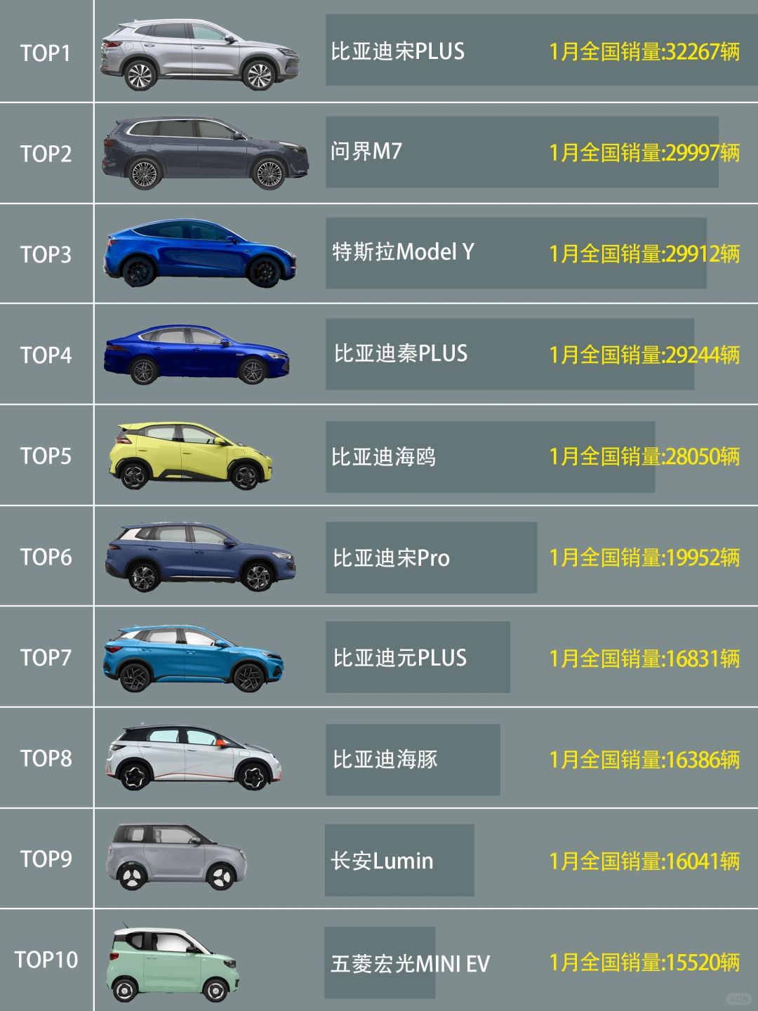 1月国内🇨🇳新能源汽车销量TOP10排名