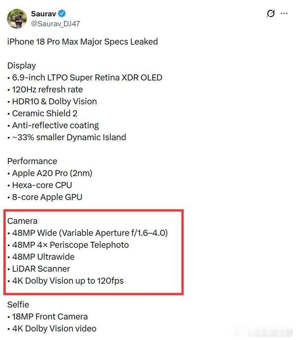 【iPhone18Pro首次搭载可变光圈镜头：光圈参数与华为Pura 80 Pr
