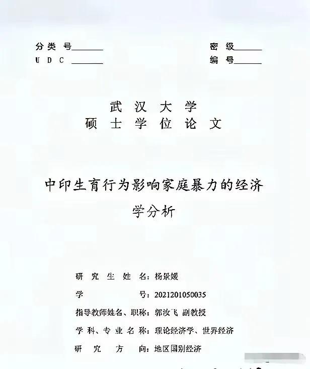 读到杨景媛在网络上的论文《中印生育行为影响家庭暴力的经济学分析》，此论文竟能获得