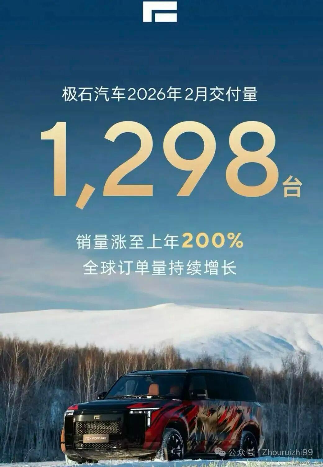 极石汽车2月交付1298辆 同比翻倍
日前，极石汽车发布2026年2月交付数据：