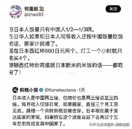 日本物价高到离谱，就连西红柿炒鸡蛋配米饭这种家常便饭都能吃穷。3个西红柿约16元