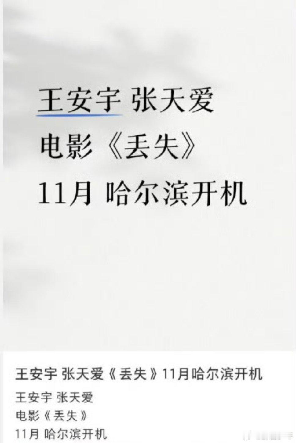 网传新动向！王安宇、张天爱或将携手出演院线电影《丢失》，影片聚焦剧情／犯罪／悬疑
