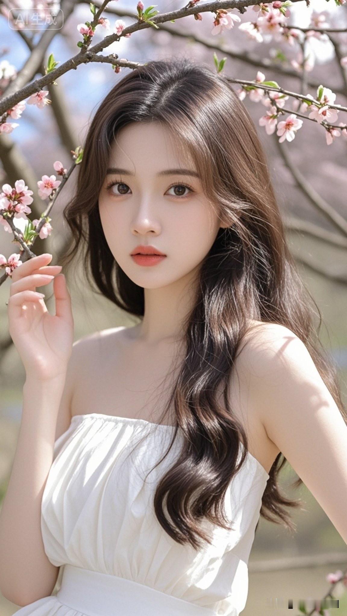 樱花树下，少女轻抚花瓣，春日浪漫气息扑面而来。