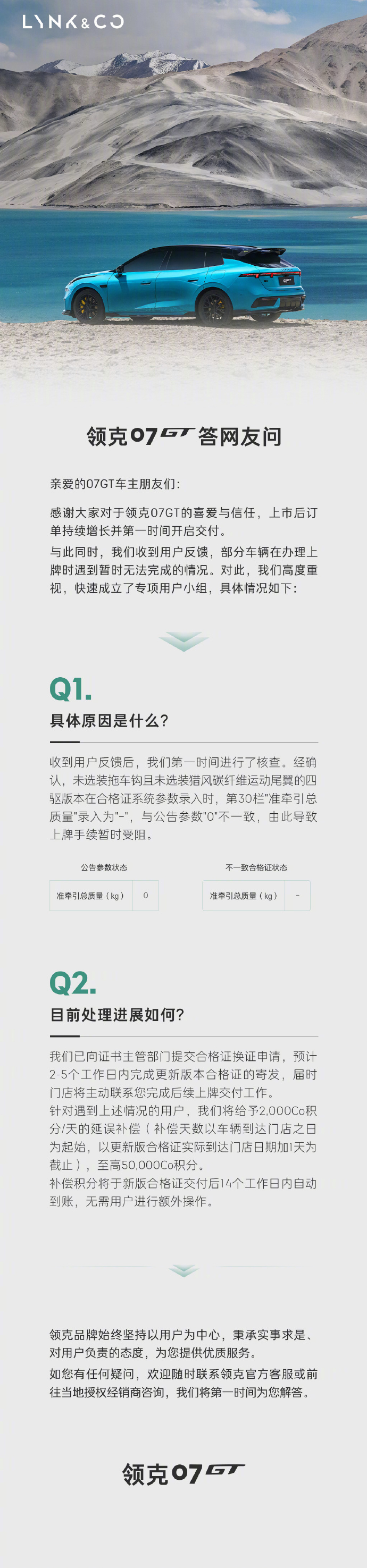 【领克汽车：合格证参数录入不一致导致部分四驱 07GT 无法上牌，已提交换证申请