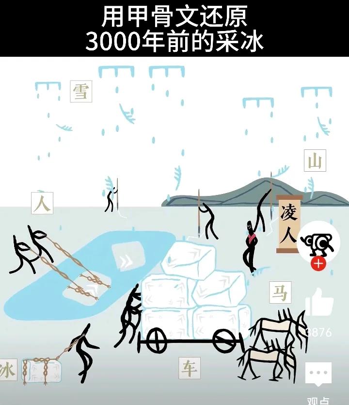 学习强国、甲骨文趣事：
用甲骨文还原 
3000年前的采冰。
古代夏天的冰块怎么