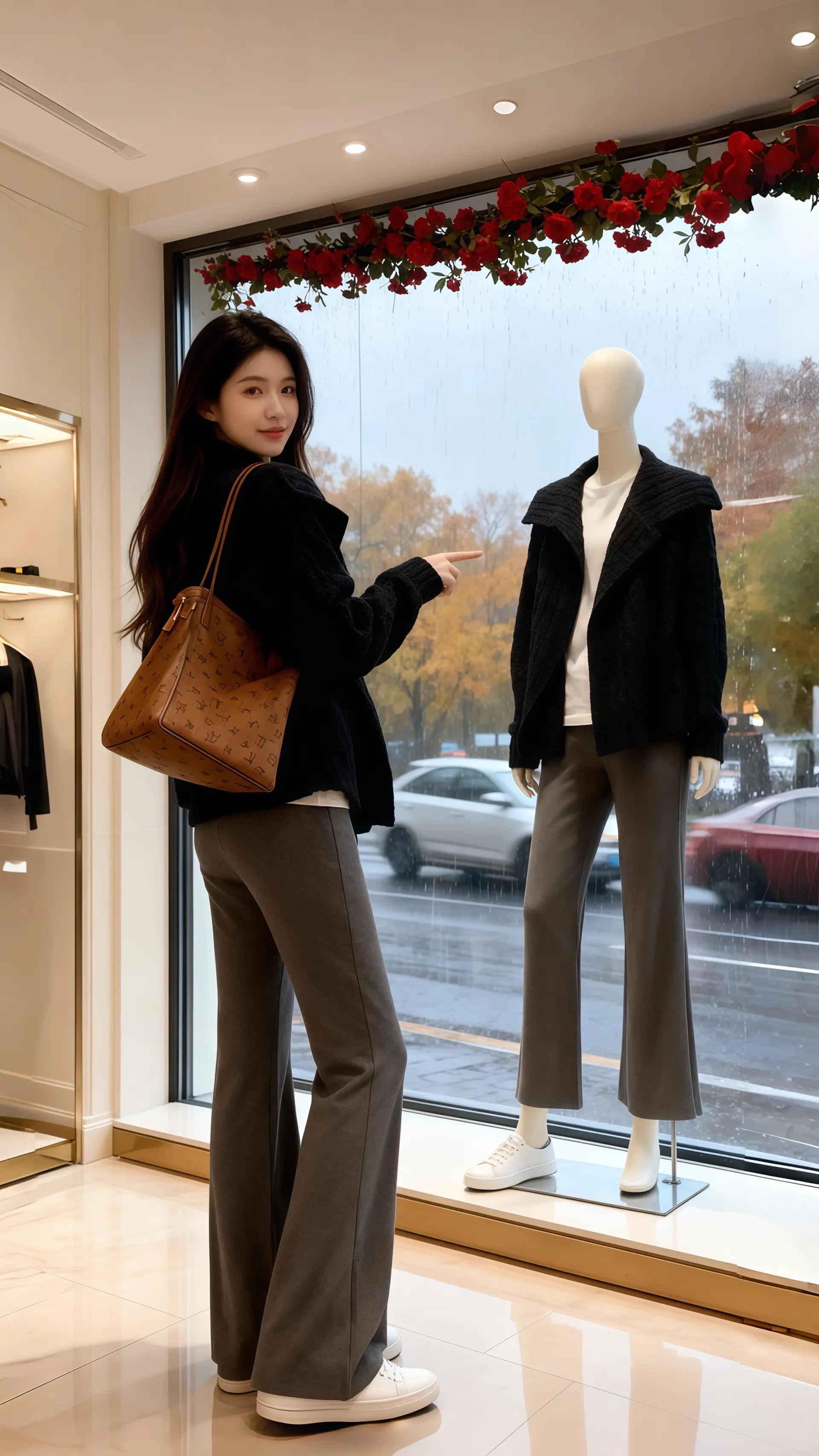 她穿着高级感慵懒风两件套，黑色翻领毛衣的绞花纹路在暖光里泛着细腻绒毛...