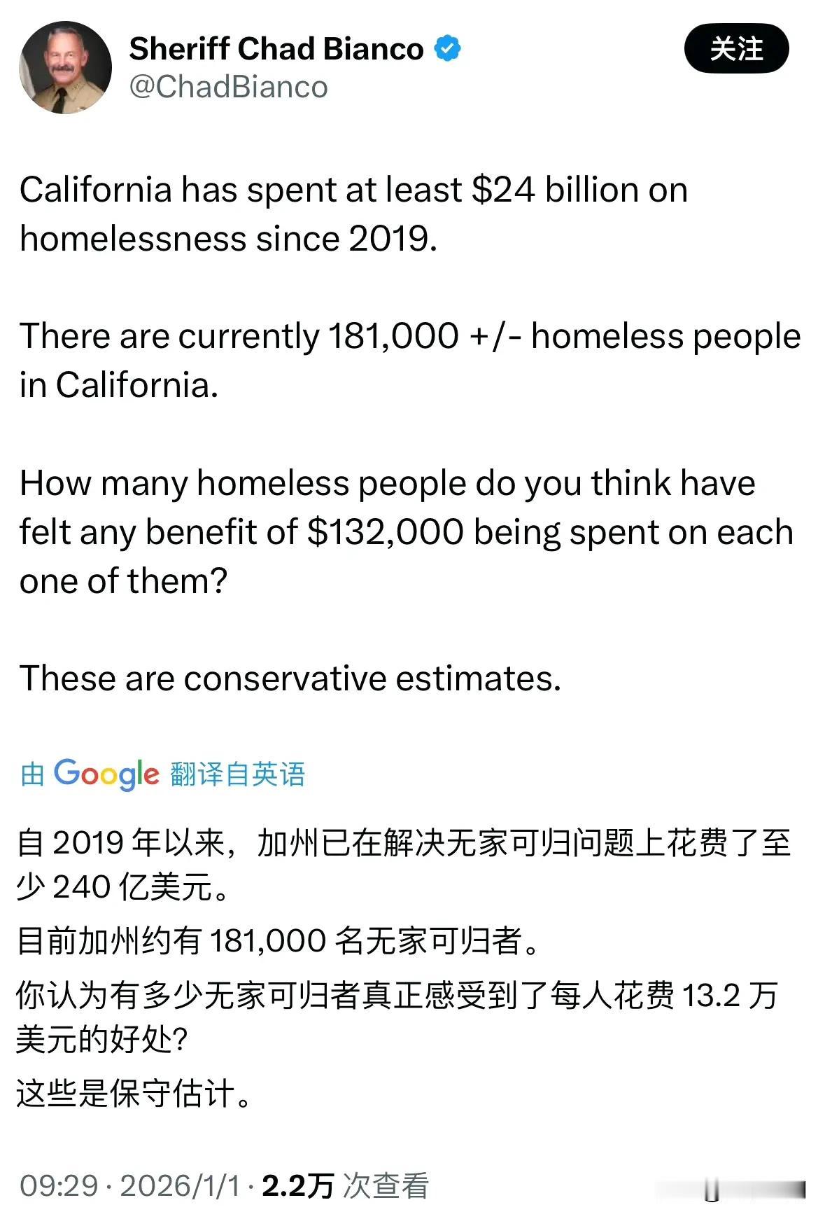 美国博主说加州从2019年以来投入240亿美元帮助18100名流浪汉，平均每个流