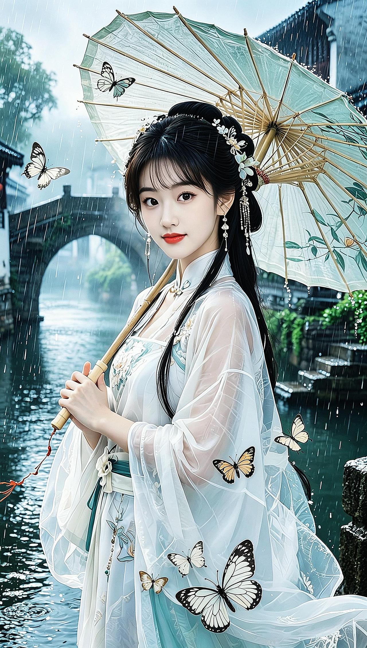 抖音ai创作 古风汉服撑伞 国风古韵 汉服小姐姐 江南烟雨