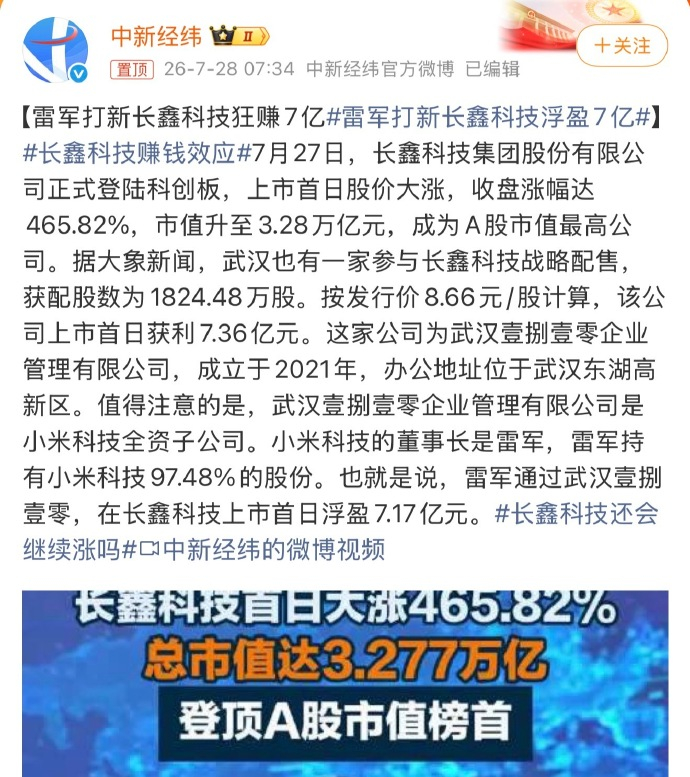 雷军打新长鑫科技浮盈7亿 问问首页的散户朋友，你们有中签的吗？让我嫉妒一下