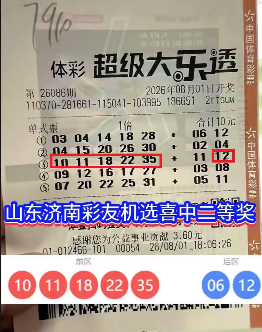 大乐透第26086期，上演了一幕令人唏嘘的一幕。山东济南一位彩友，机选5注号码，