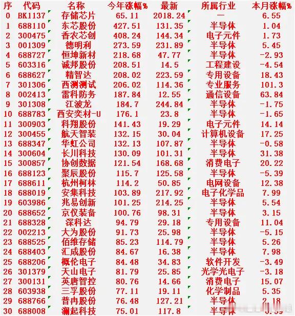 存储芯片概念，2025年以来涨幅最多的30名单存储芯片：今年涨幅 +65.11%
