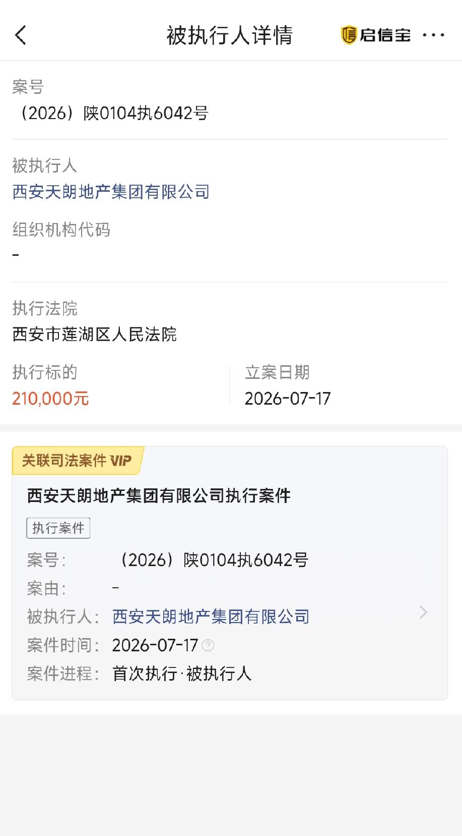 西安天朗地产集团执行标的21万元