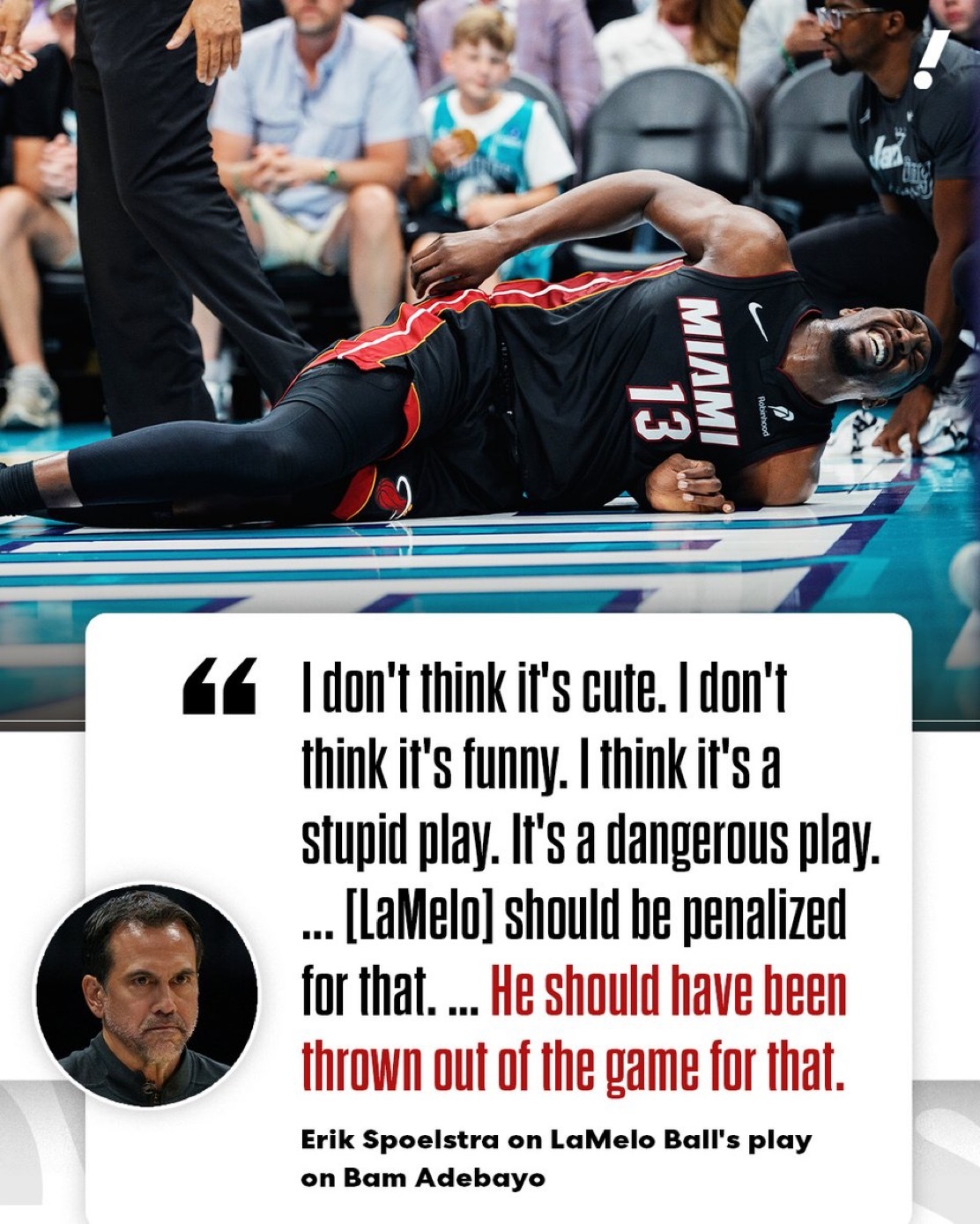 埃里克·斯波尔斯特拉认为拉梅洛·鲍尔对班·阿德巴约的这个动作应该被驱逐出场，这导