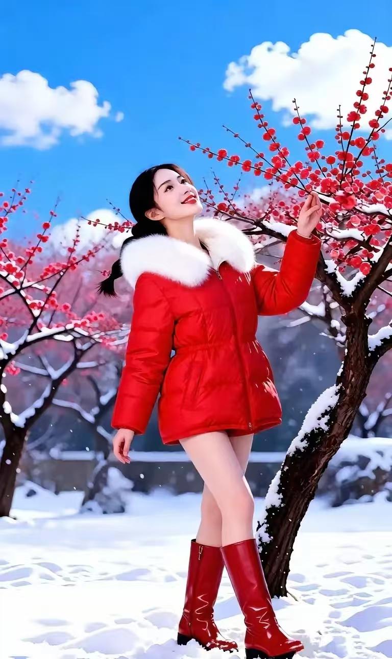 殿前欢·雪中佳人赏梅
映霜芒，
绛袄披雪嗅梅芳。
高天絮舞峰凝状，
素景寒妆。