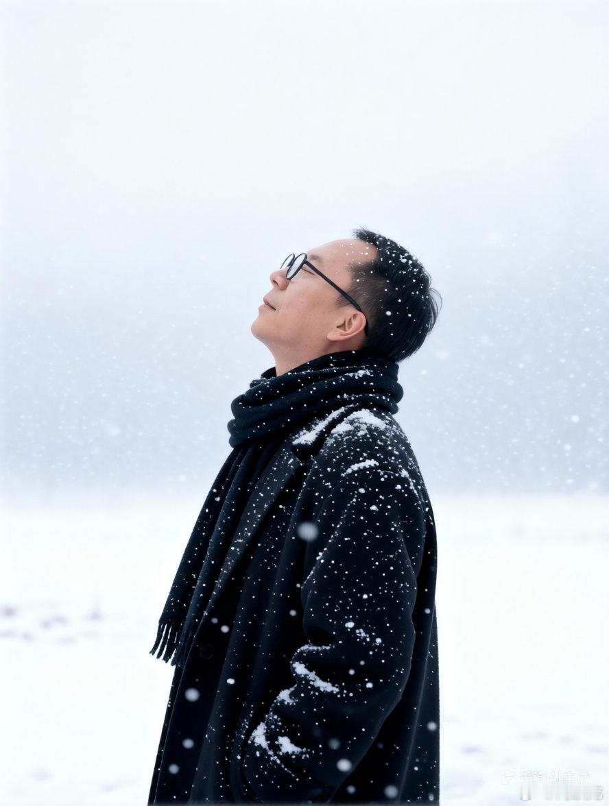 提示词：帮我生成图片：保持人物长相不变，部分沾有细雪，清冷柔和。 黑色厚款大衣，