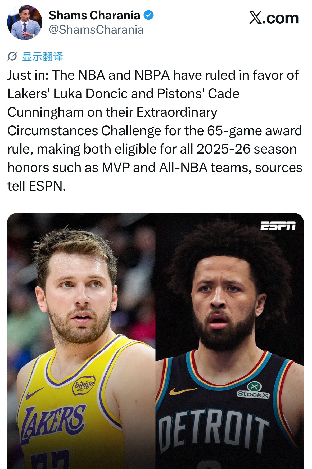 Shams：NBA官方已裁定支持东契奇和坎宁安提出的针对 65 场比赛出场规则的