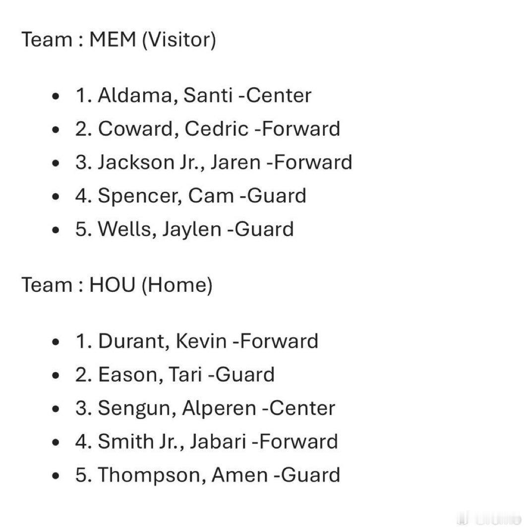 火箭队今天将首发阿门伊森杜兰特小贾申京休斯顿火箭