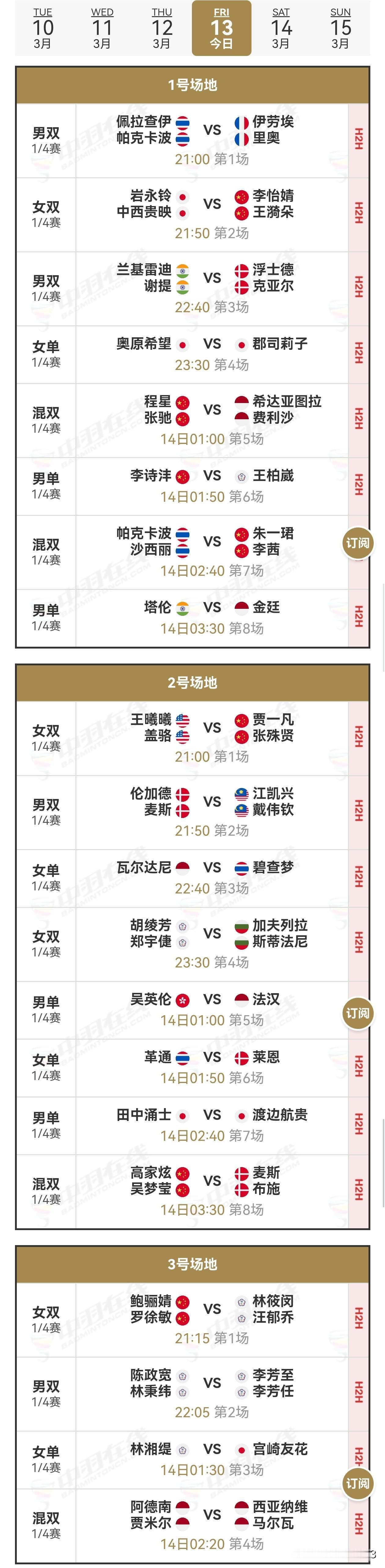 13日赛程2026年瑞士羽毛球公开赛 
     3月13日北京时间21点整，2