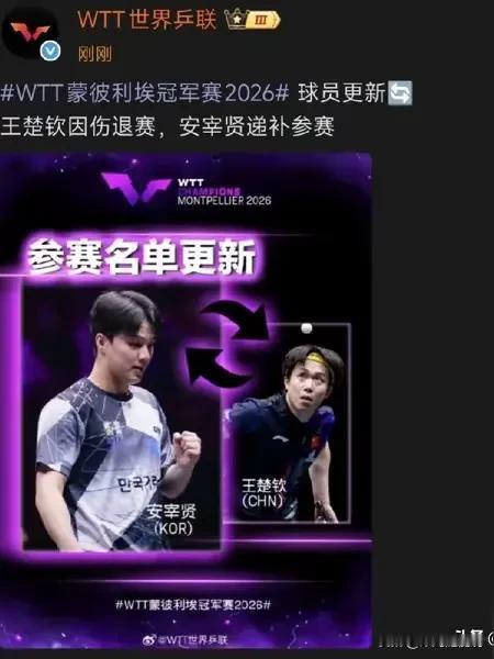 昨天宣布了梁靖崑蒙彼利埃站获提名，今天宣布王楚钦因伤退出蒙彼利埃站的比赛了。
