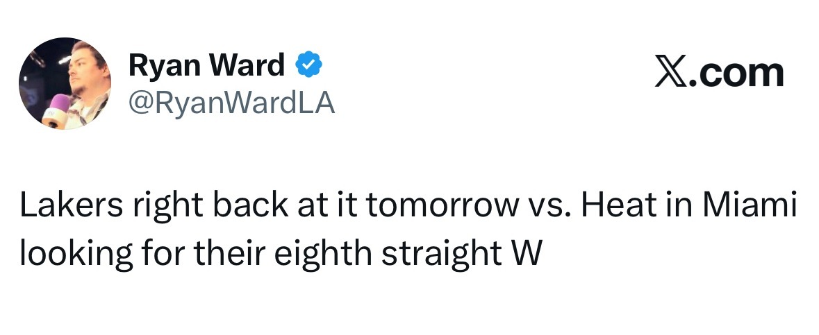 湖人队明天将背靠背出战，客场对阵迈阿密热火，目标拿下八连胜。湖人七连胜湖人vs火