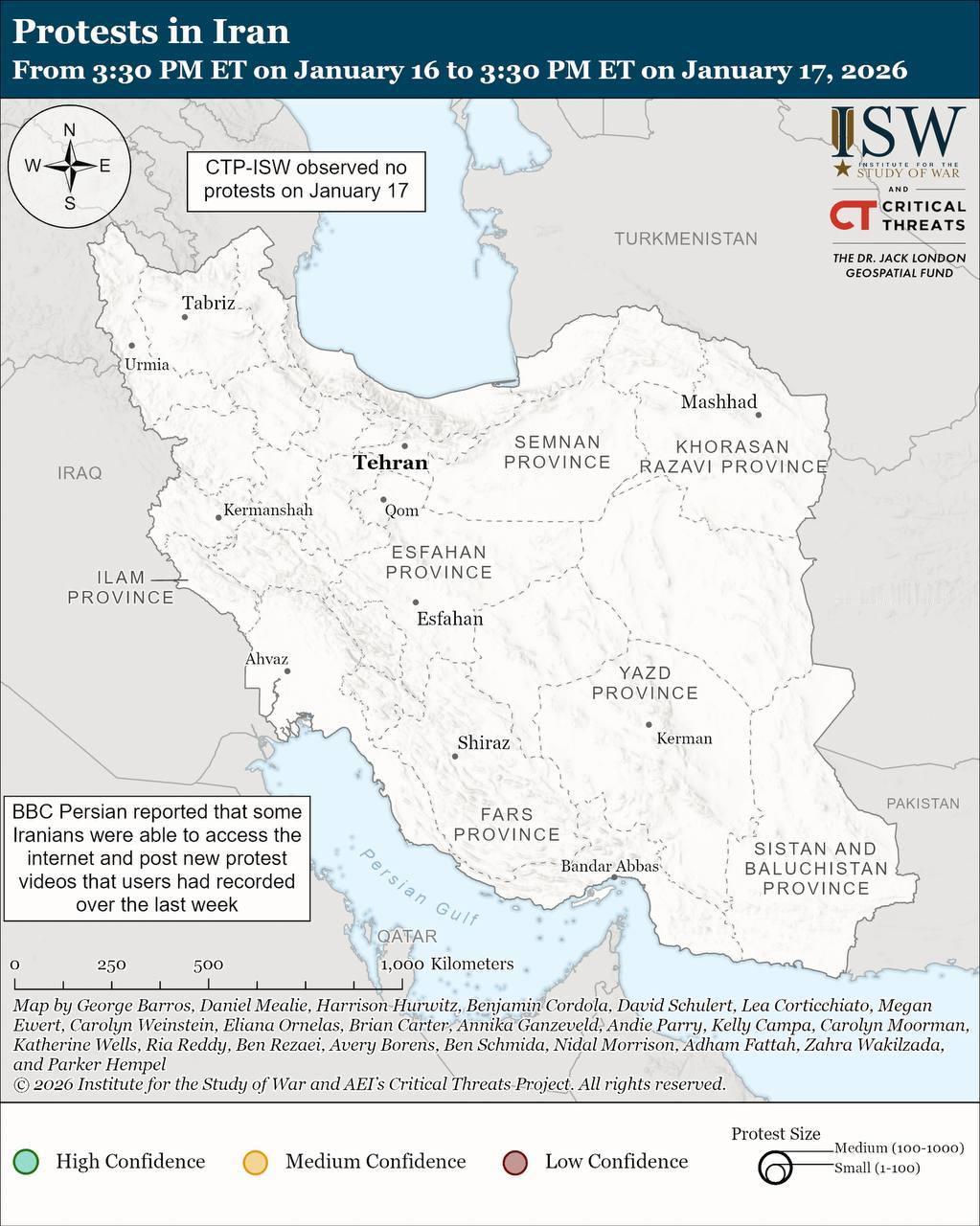 🤡美国国务院资助的智库“战争研究所”记录显示，1月16日至17日期间，伊朗境内