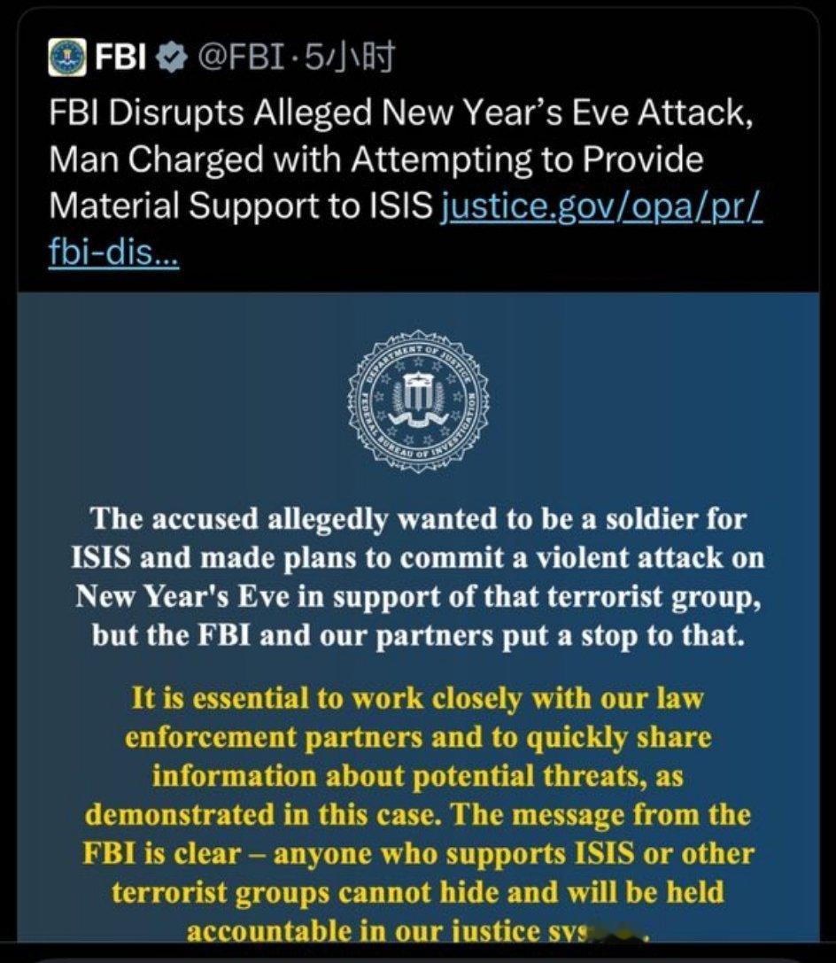 联邦调查局挫败涉嫌新年夜袭击事件，男子被控试图向ISIS提供物质支持。 【又是要