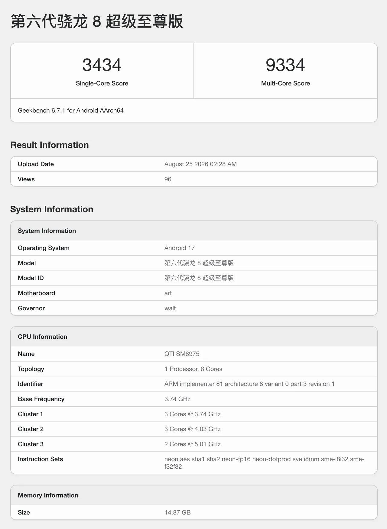 第六代骁龙 8 超级至尊版的 Geekbench 6 跑分也出炉了，不过目前是早