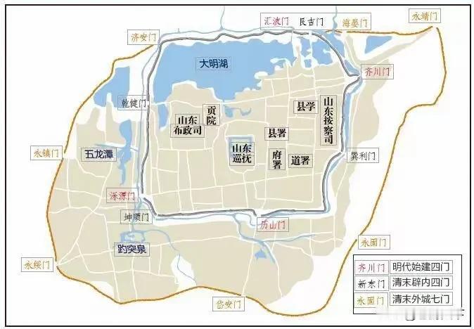 济南古城区域图
四面荷花三面柳
一城山色半城湖
