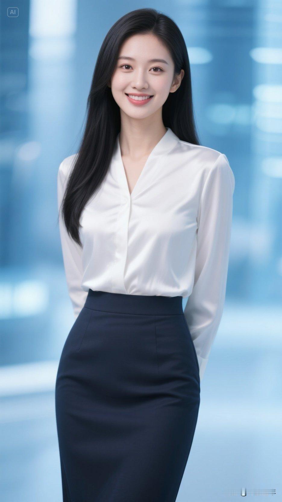 这姑娘穿着白衬衫和黑裙子，看起来好职业哦！